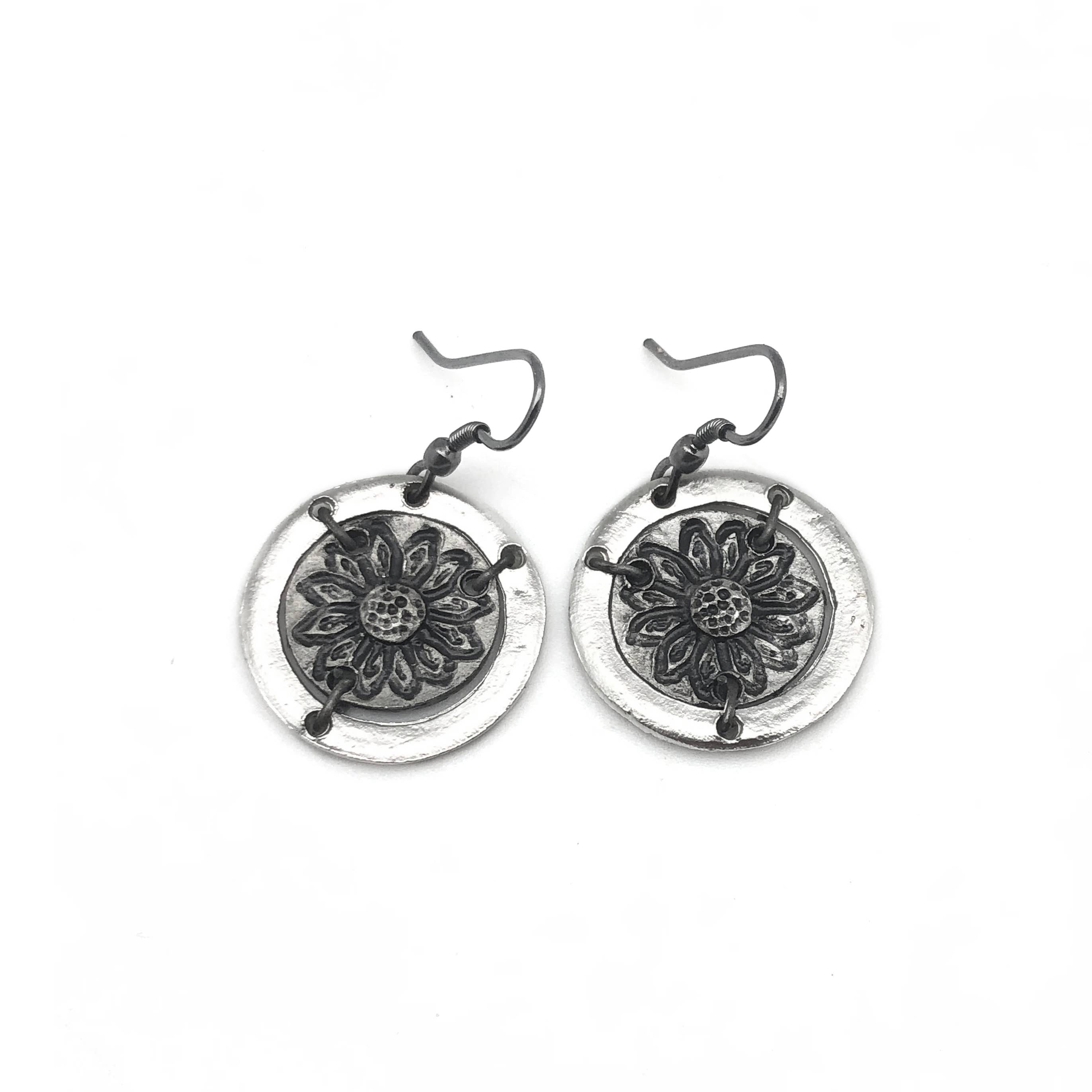 Pewter Earrings - Sunflower in Circle