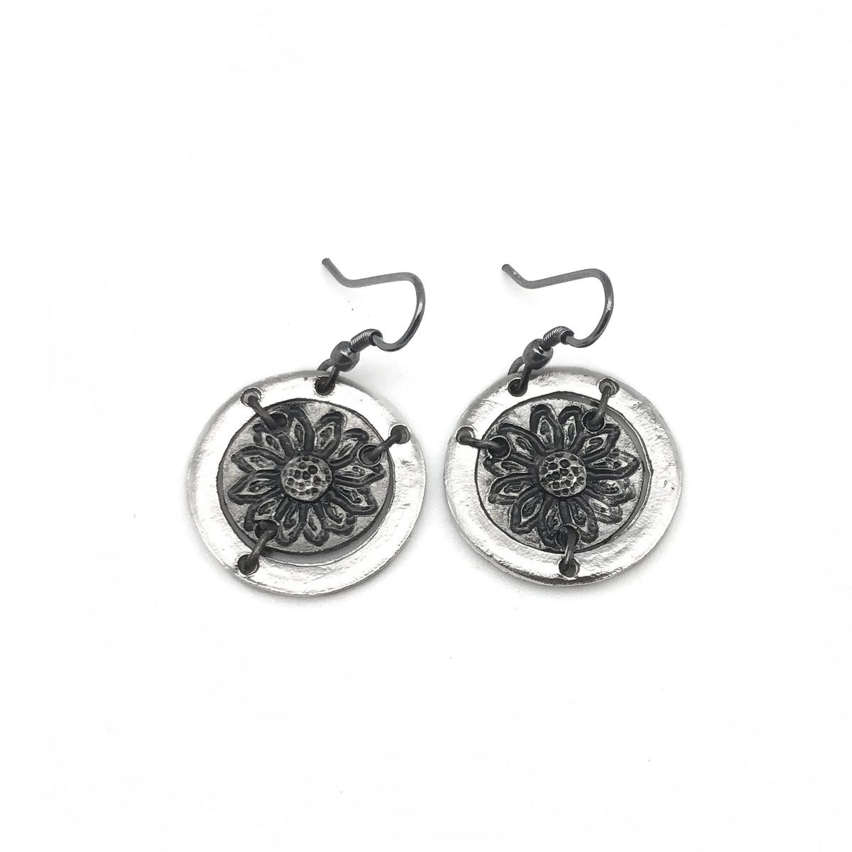 Pewter Earrings - Sunflower in Circle, Silver/Antique Silver