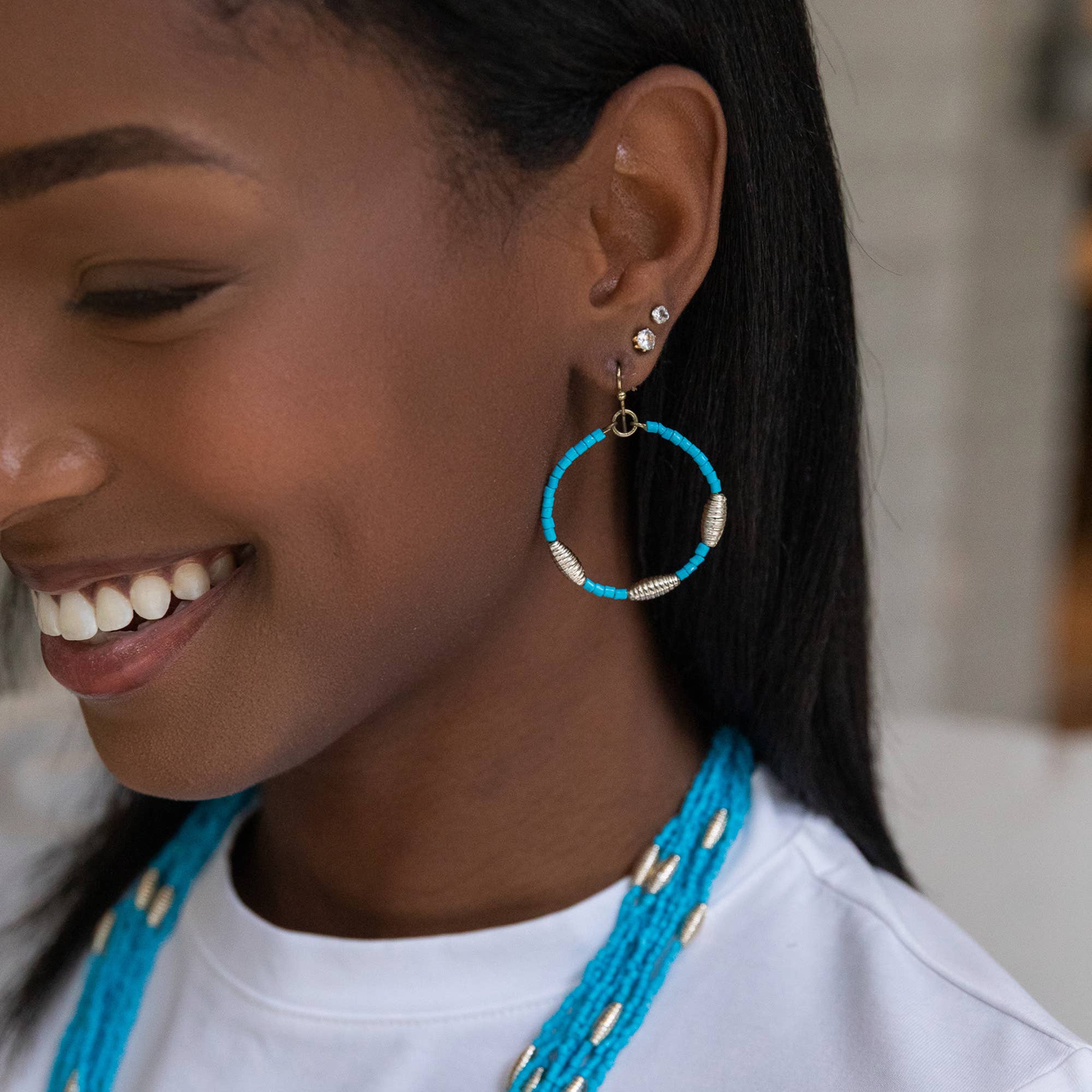 Seed Bead Hoop Earrings - Ocean Blue