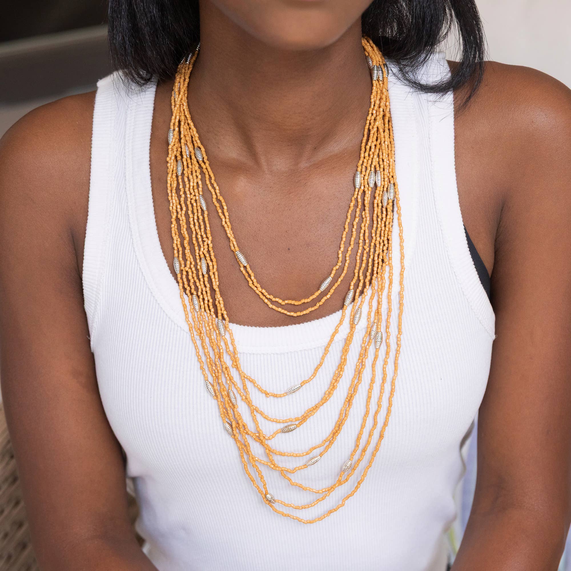 Seed Bead Multi-Strand Necklace - Tan