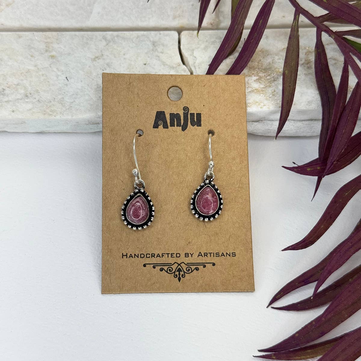Handcrafted Semiprecious Small Stone Earrings - Rhodonite