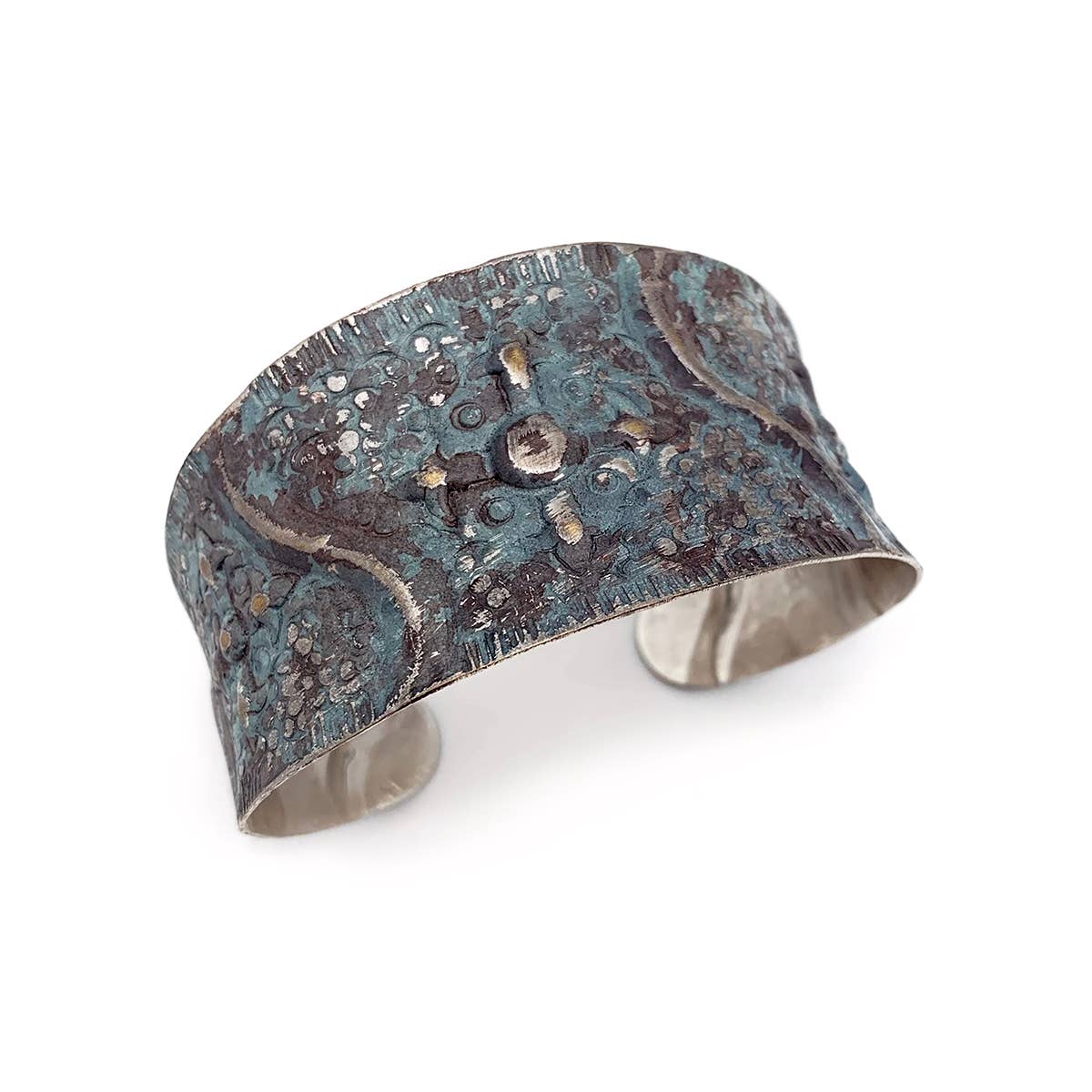 Silver Patina Bracelet - Teal Cross and Waves