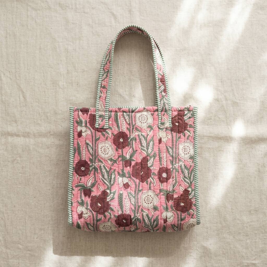 Fuchsia Bouquet Block-Printed Quilted Mini Tote