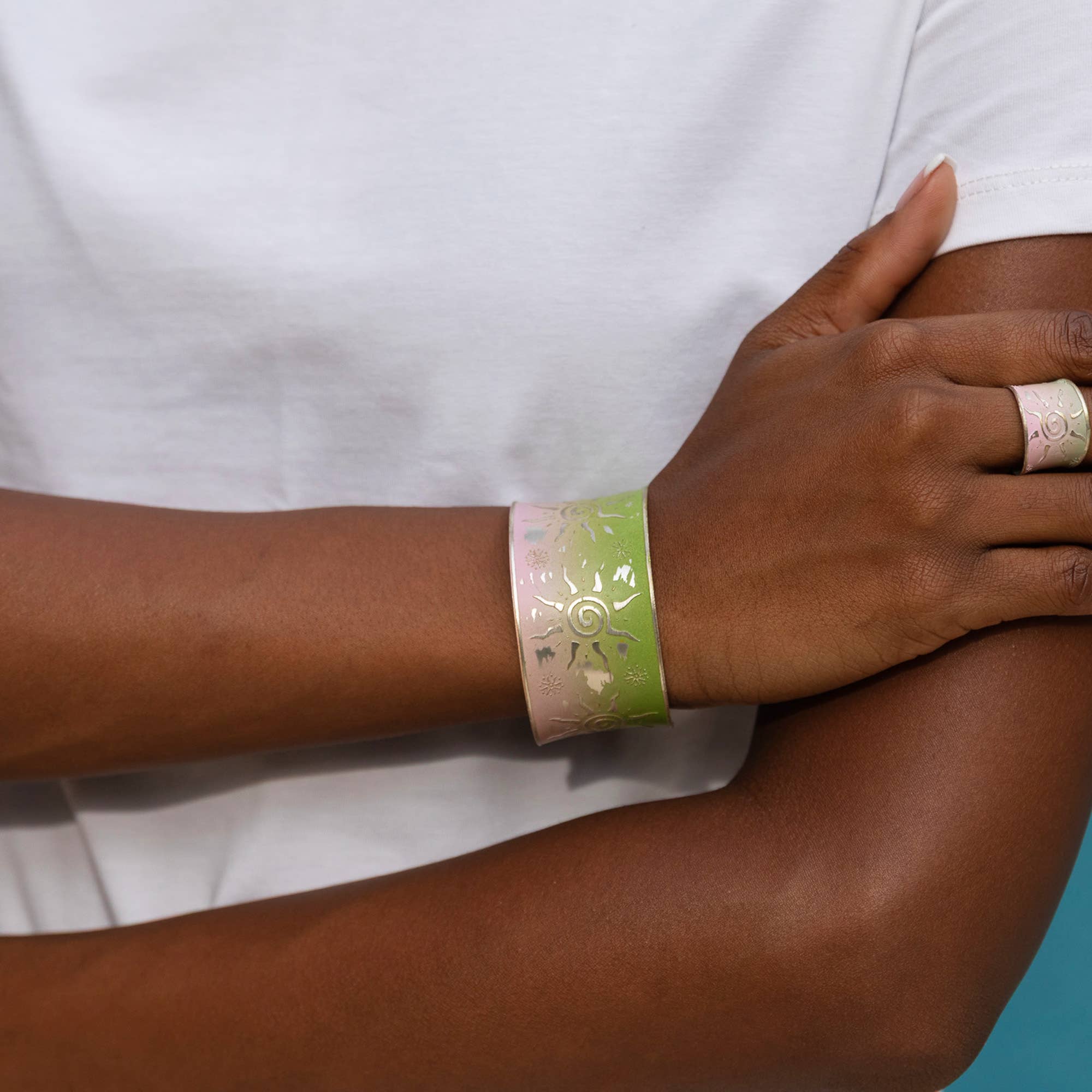Handcrafted Green & Pink Sun Patina Bracelet
