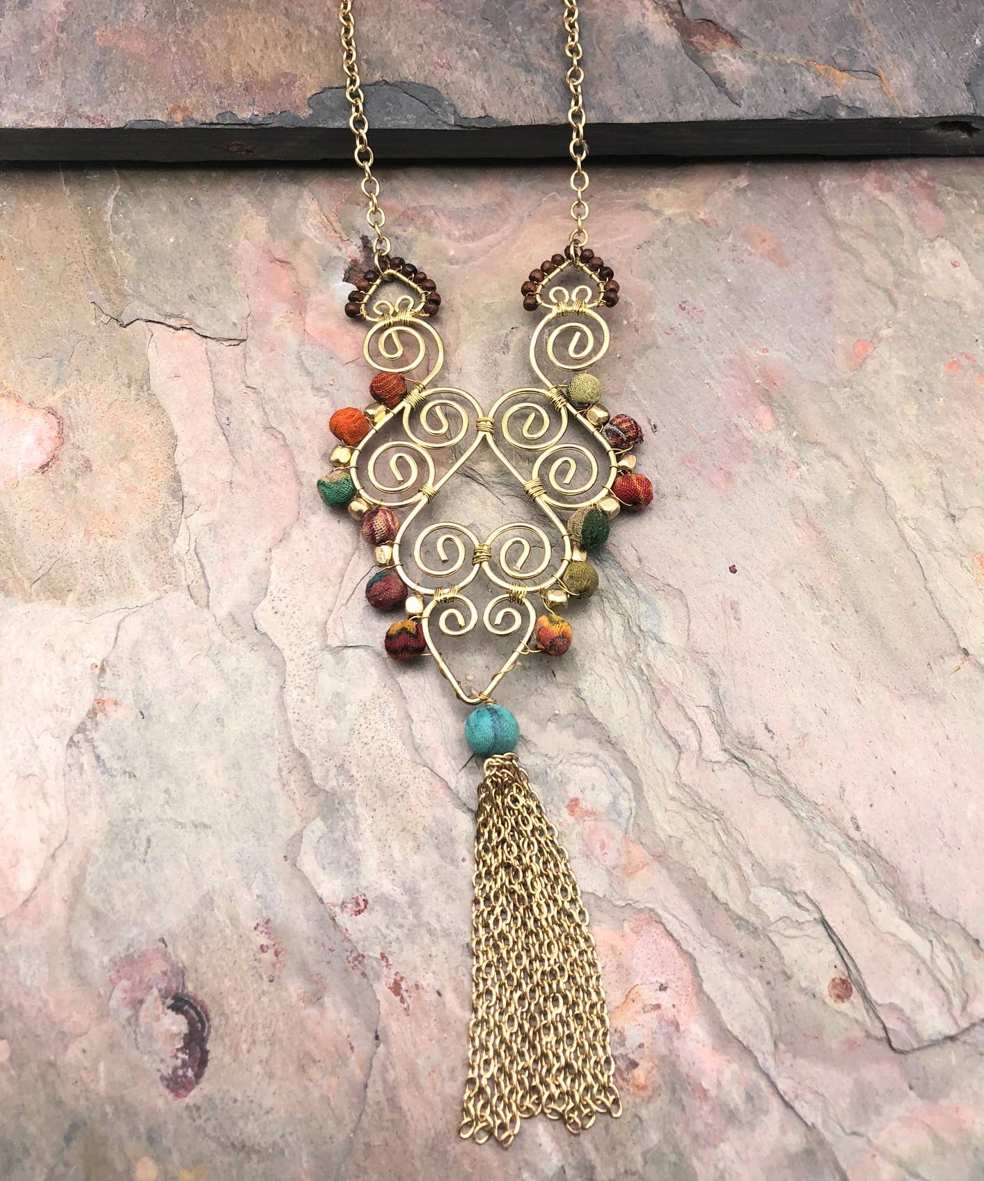 Aasha Pendant with Swirls and Tassels Kantha Necklace