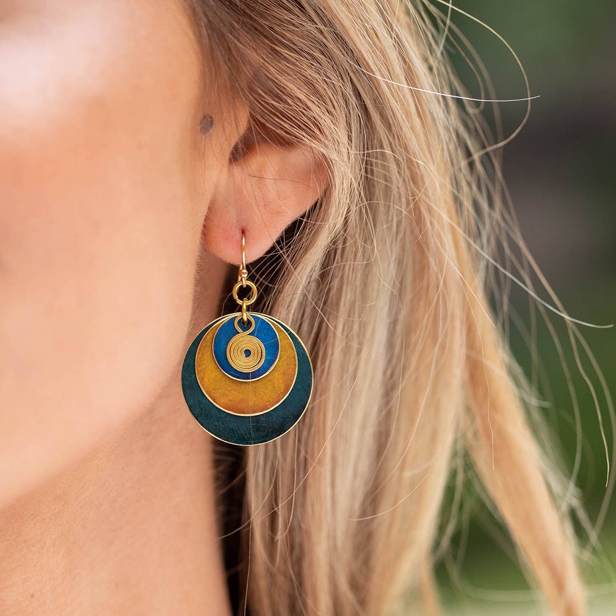 Brass Patina Earrings - Blue Hues and Orange with Swivel