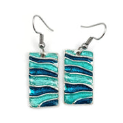 Pewter Earrings with Color Enamel - Wavy Stripe Rectangle, Teal/Aqua