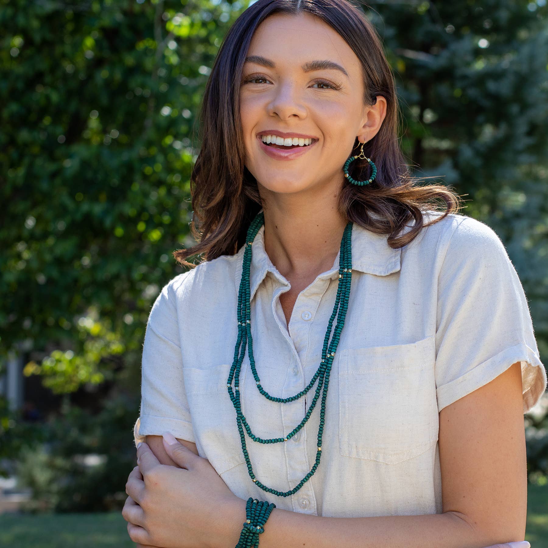 Sachi Chromatic Hues - Dark Green Long Multi-Strand Necklace