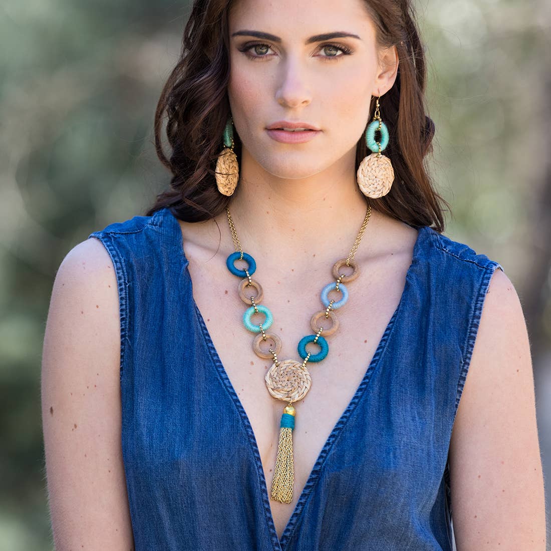 Sachi Bold Whimsy Collection Necklace - Blue Rings, Tassel