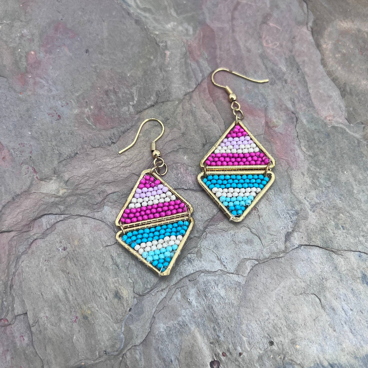 Seed Bead Layered Triangles Earrings - Pink and Blue