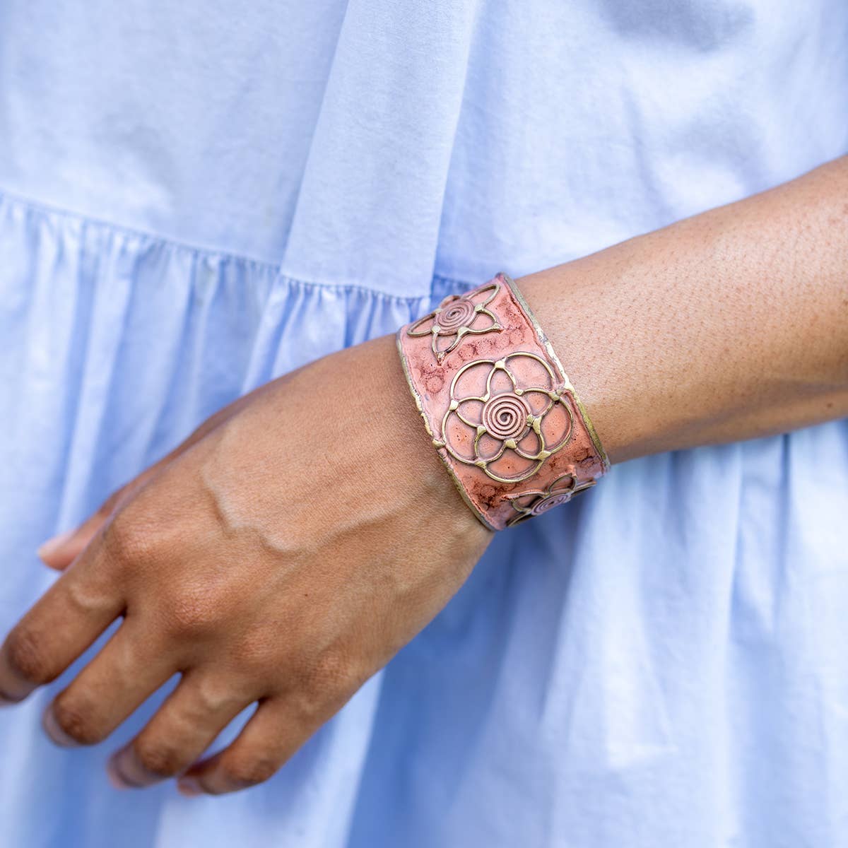 Brass Patina Cuff Bracelet - Peach Lotus