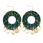 Brass Patina Earrings - Dark Green Circle with Brass Dangles