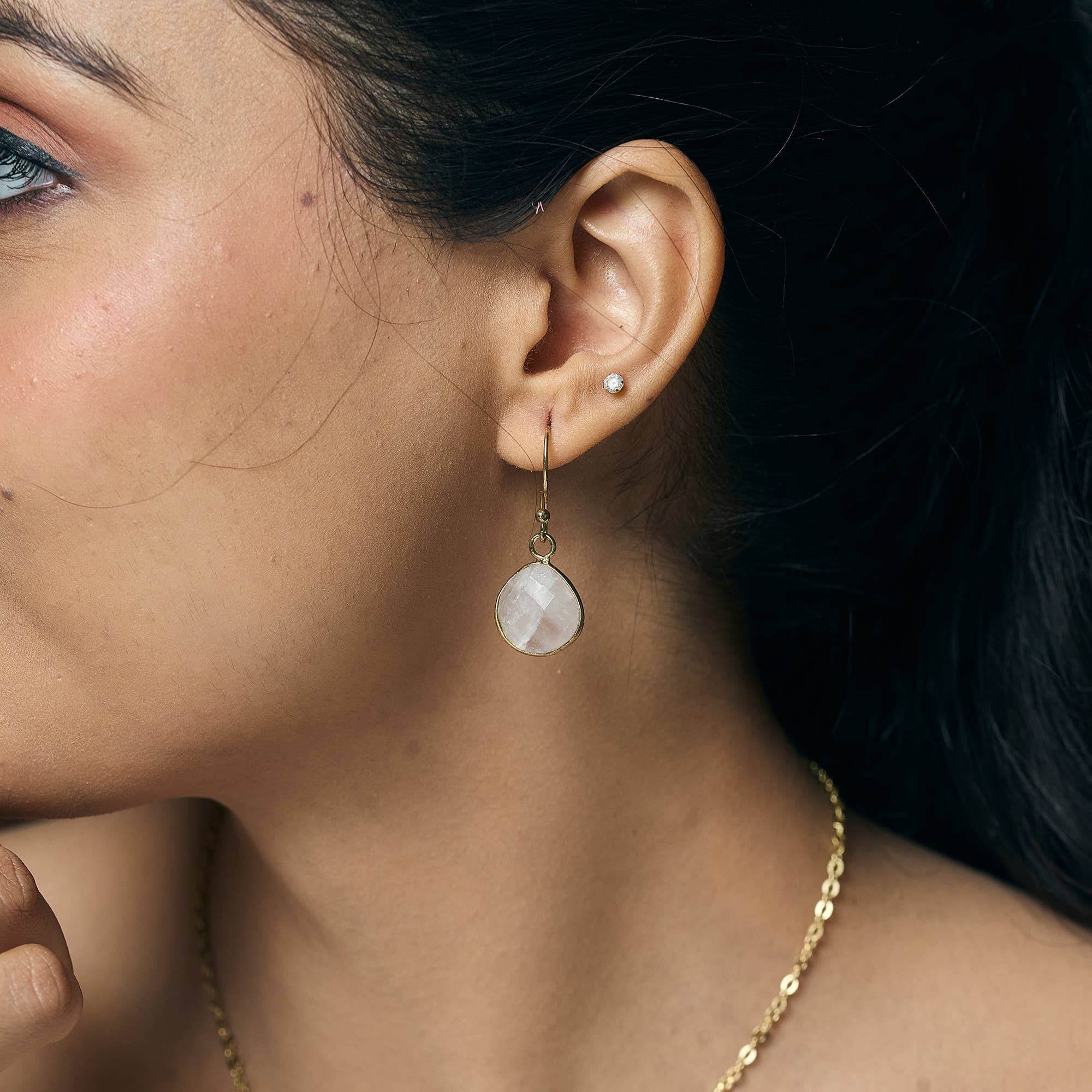 Gold Plated Earrings with Semi-Precious Stone - Rose Quartz