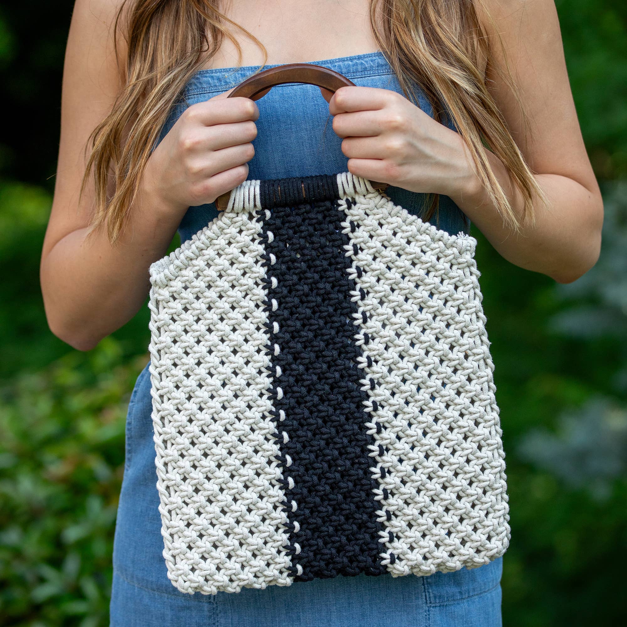 Bali Bag - Cotton Macrame Bag with White and Black Stripes
