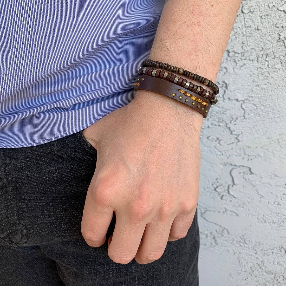 Aadi Bracelet Bundle Brown Embroidered Buckle, Wood Beads