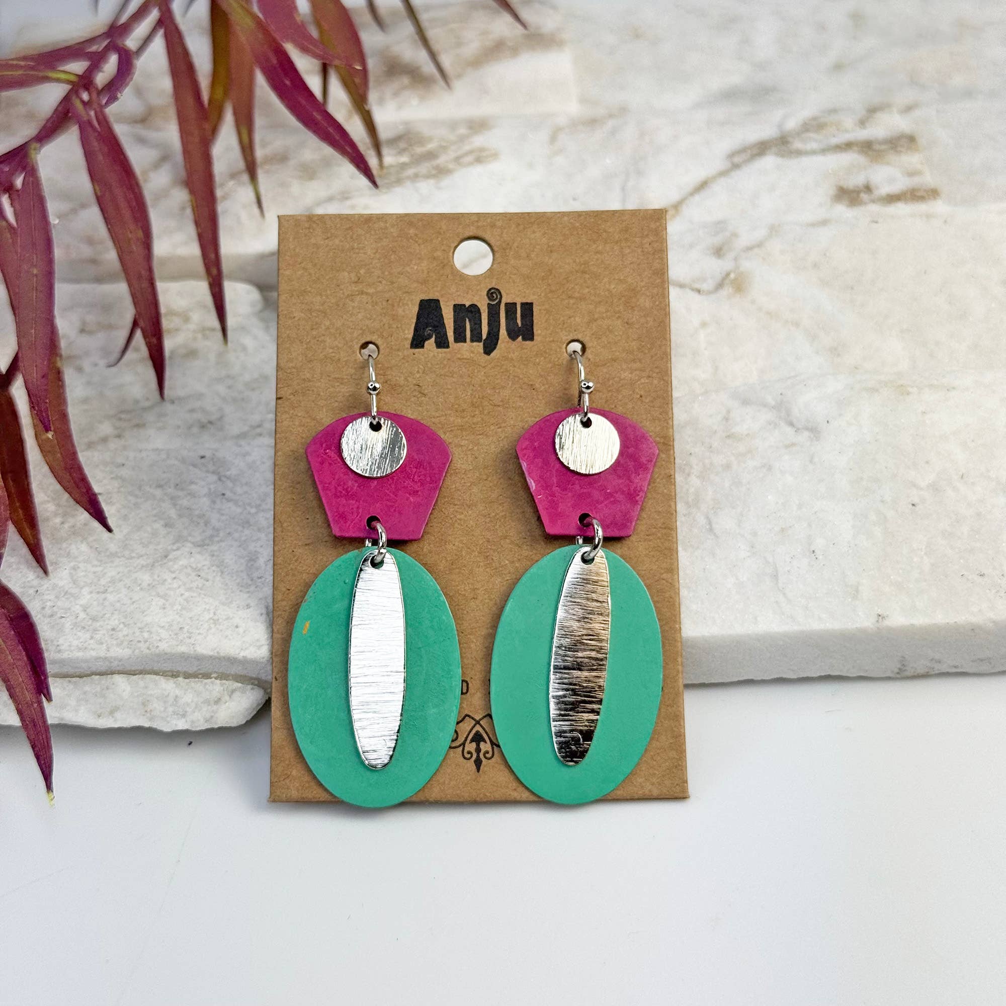 Handcrafted Fuchsia & Green Patina Geometric Drop Earrings