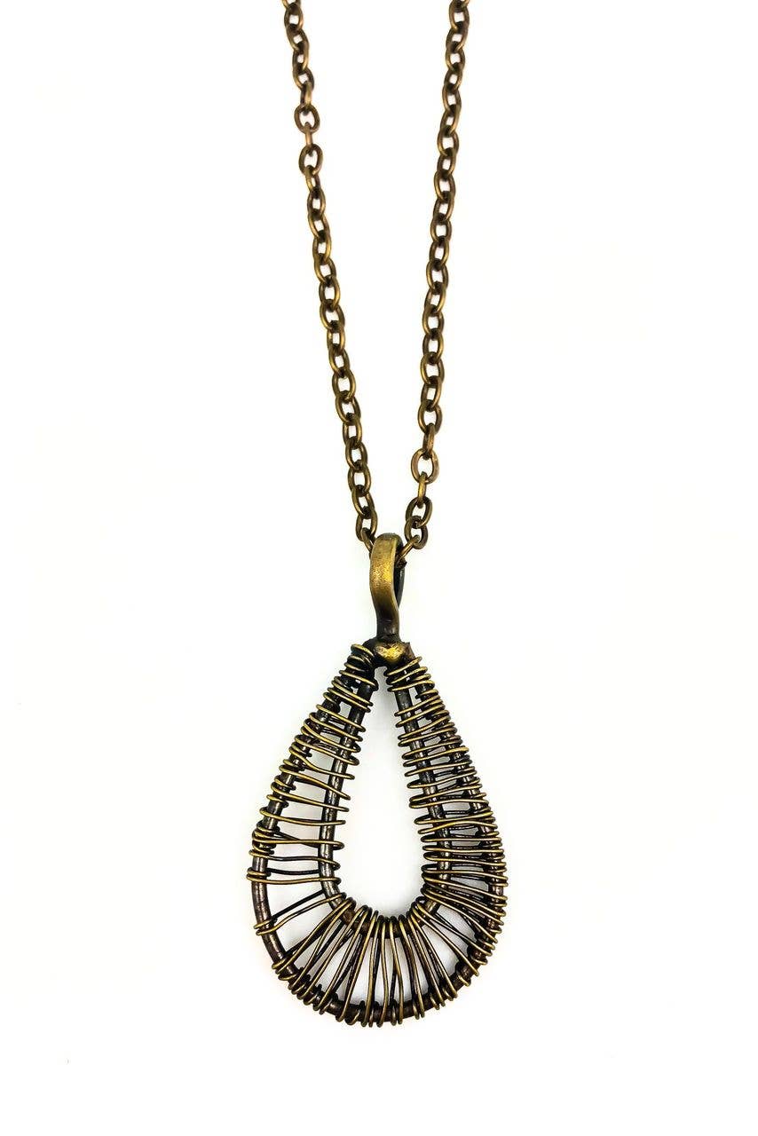 Basketweave Teardrop Antique Brass Pendant Necklace