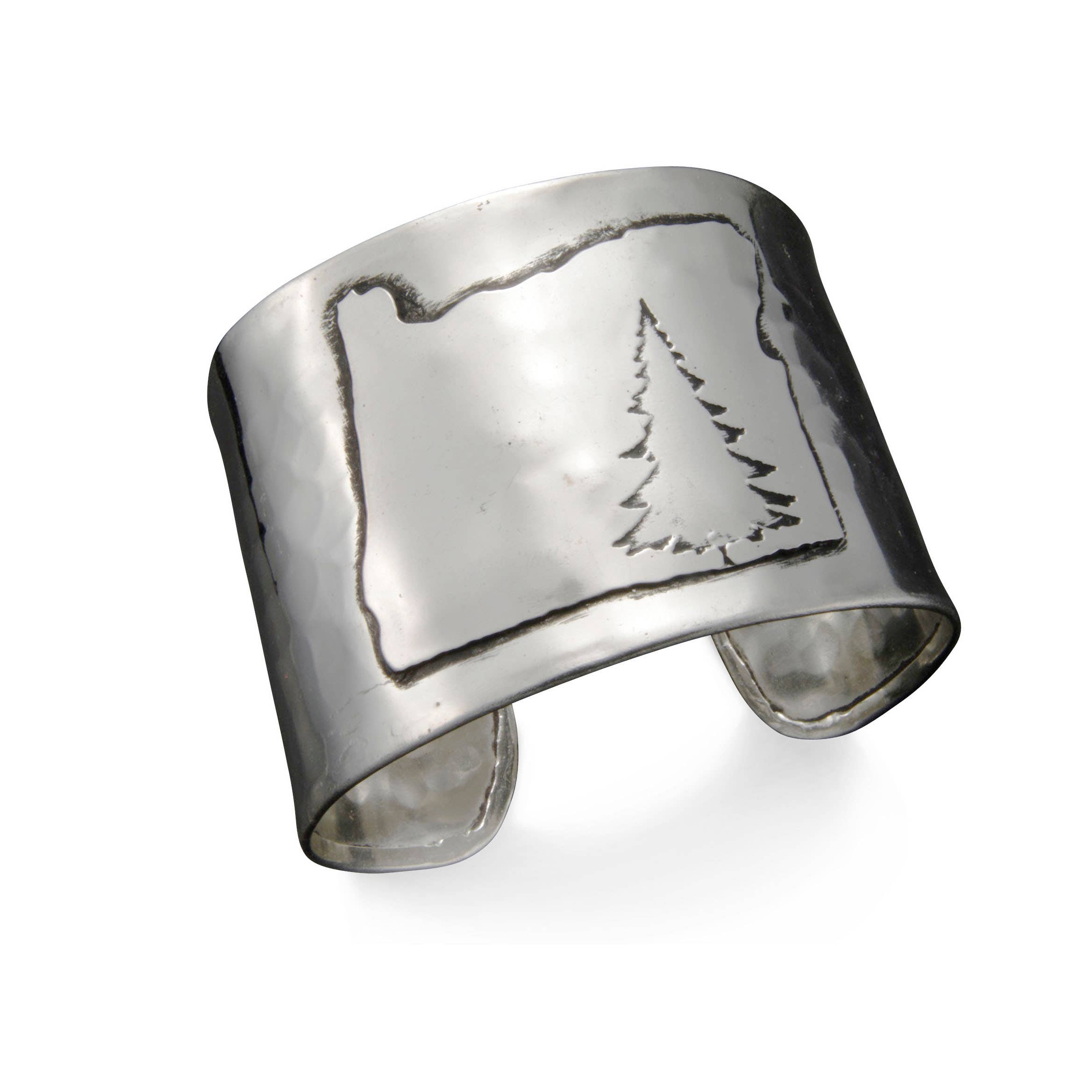 Silver Adjustable Cuff Bracelet - Oregon with Pine Tree