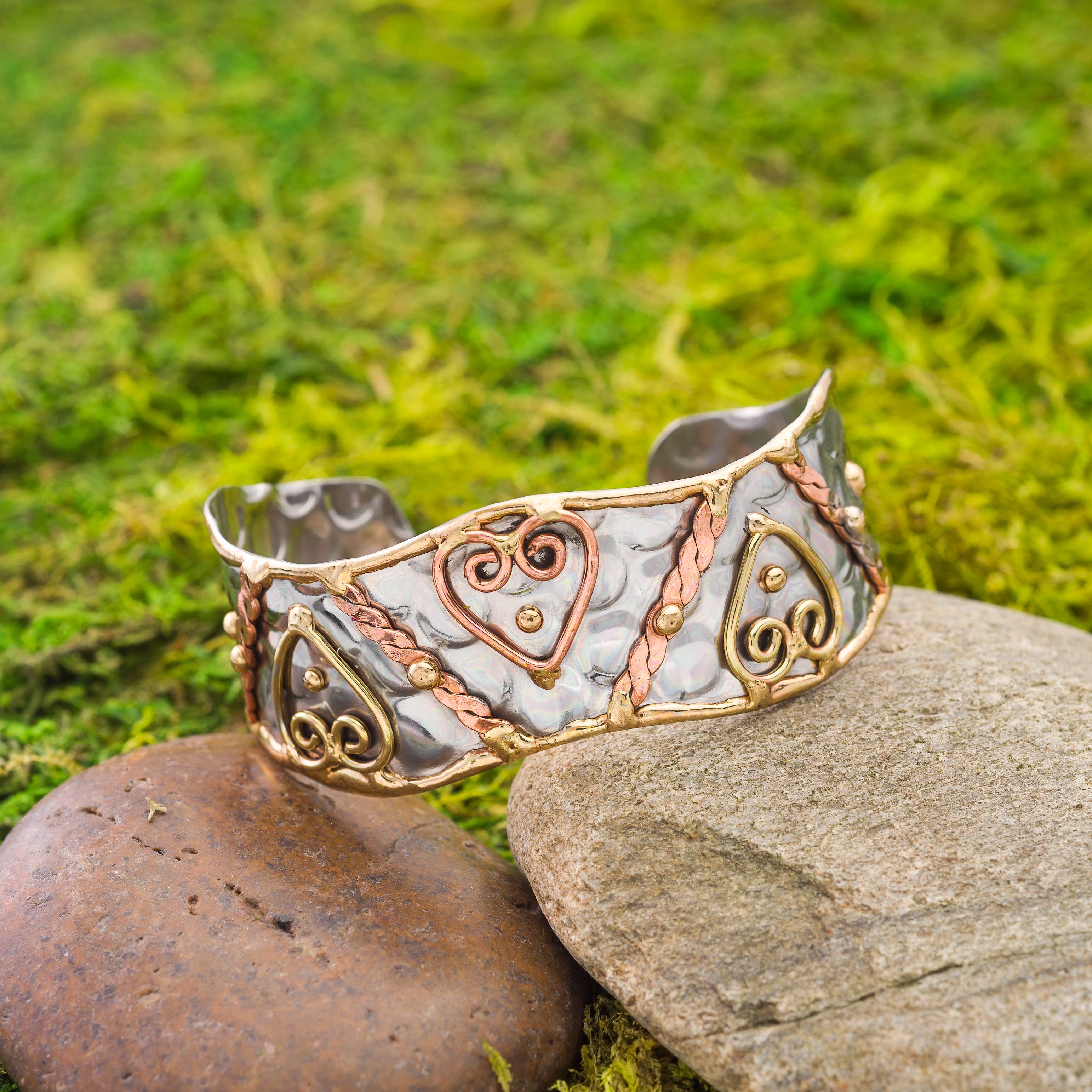 Mixed Metal Cuff Bracelet - Zig Zag Hearts