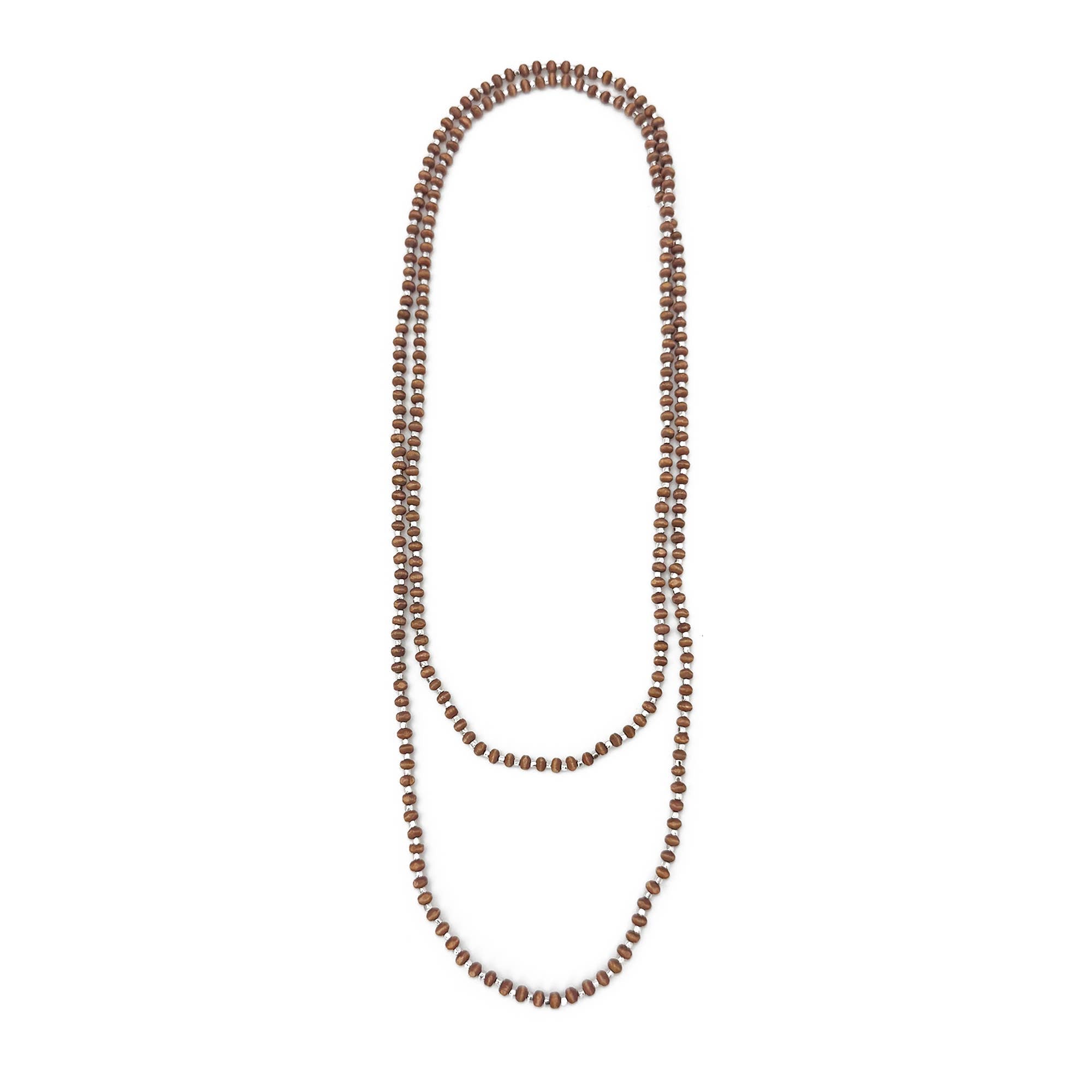 Sachi Long Wood Bead Necklace - Brown