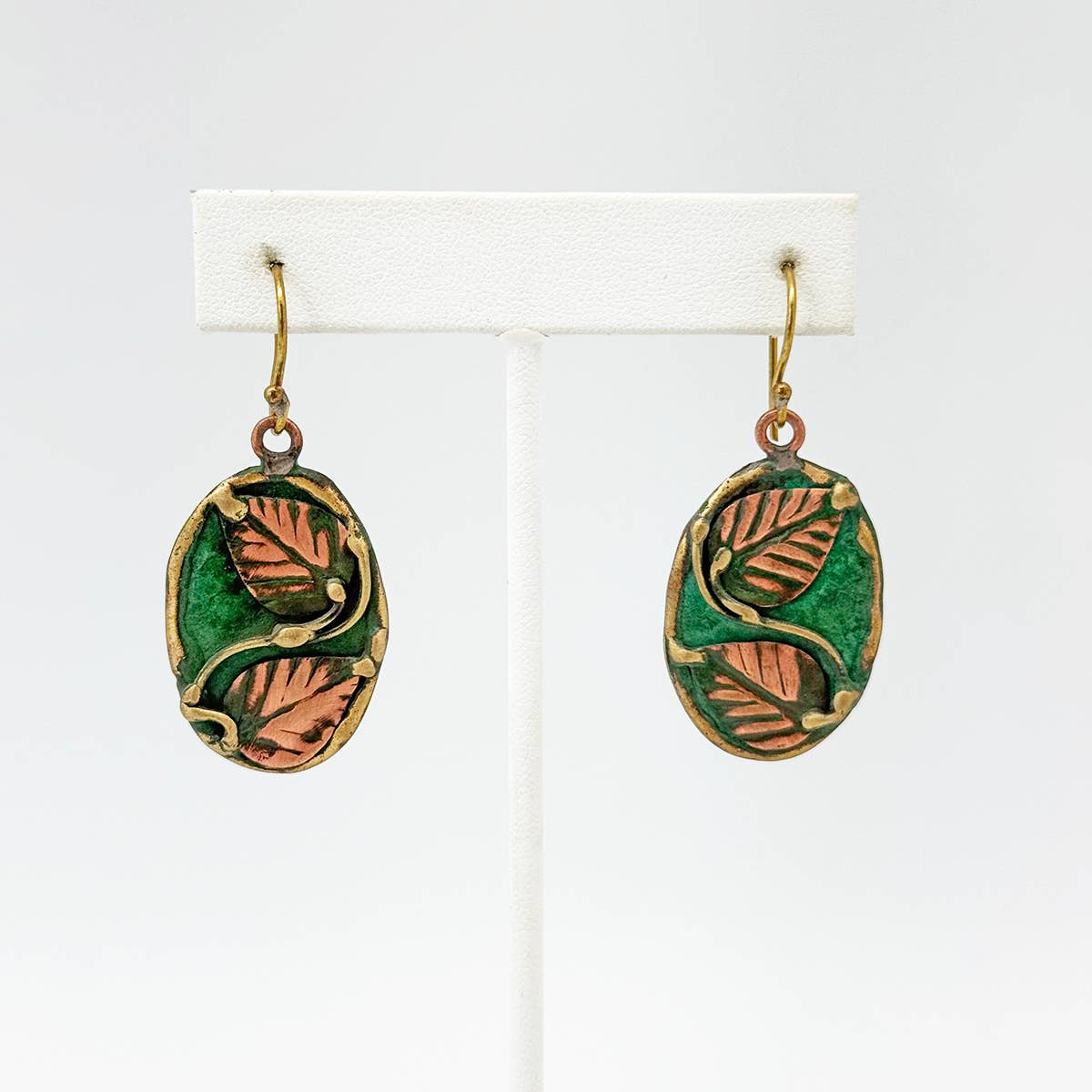 Handcrafted Green & Copper Vine Leaf Brass Patina Earrings