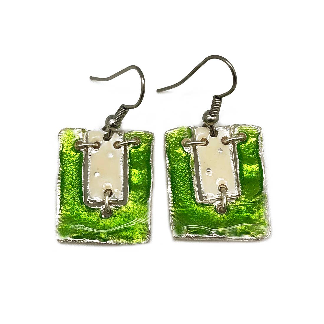 Pewter Earrings with Color Enamel - Light Green/Cream