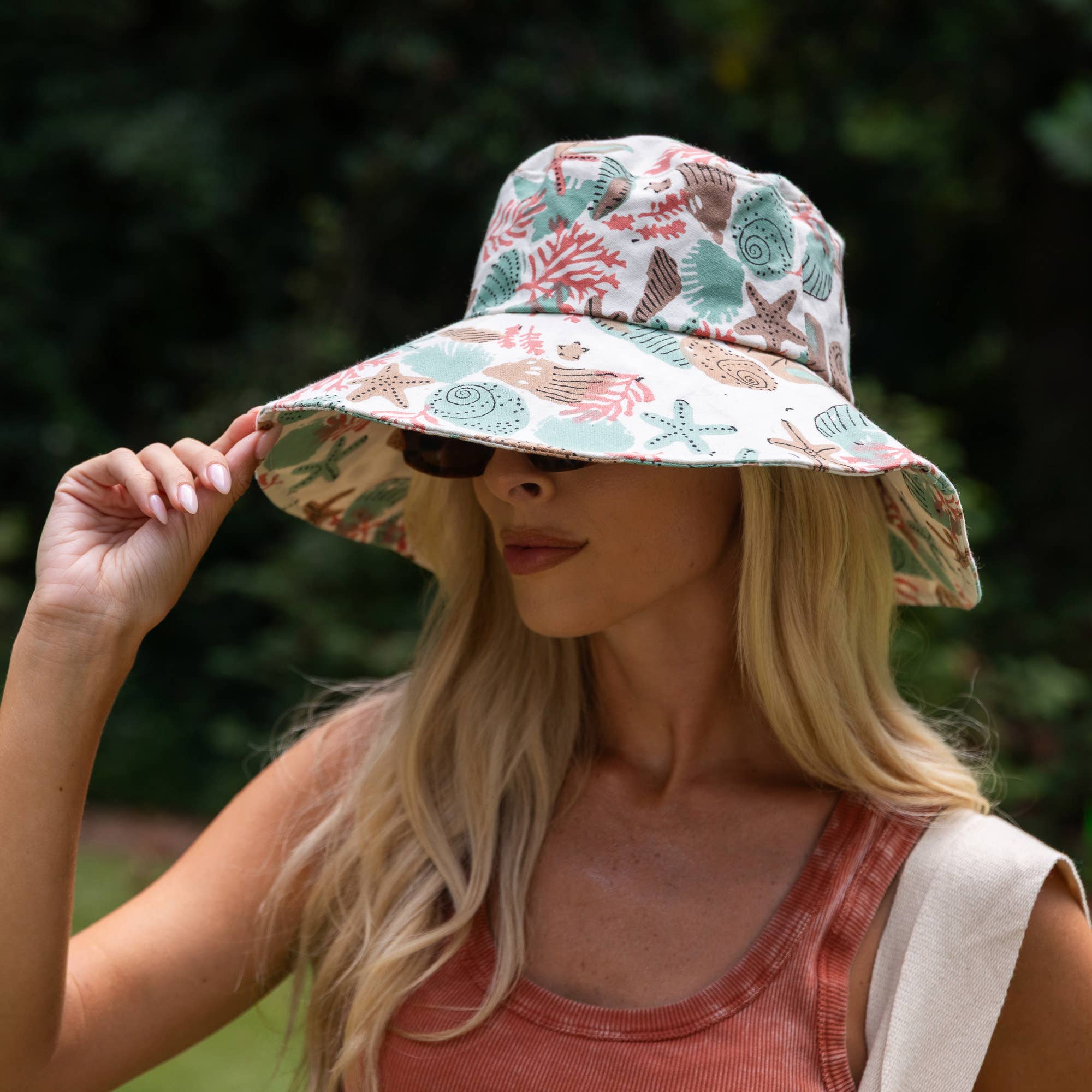 Block-Printed Canvas Coral Reef Sun Hat