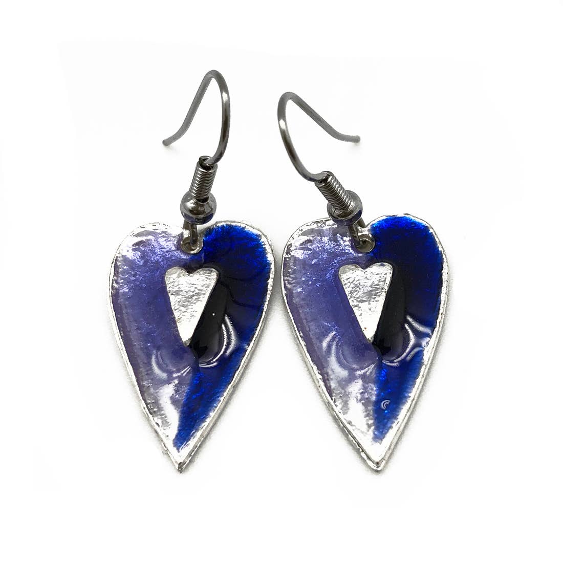 Pewter Earrings with Color Enamel - Cobalt/Lavender Heart