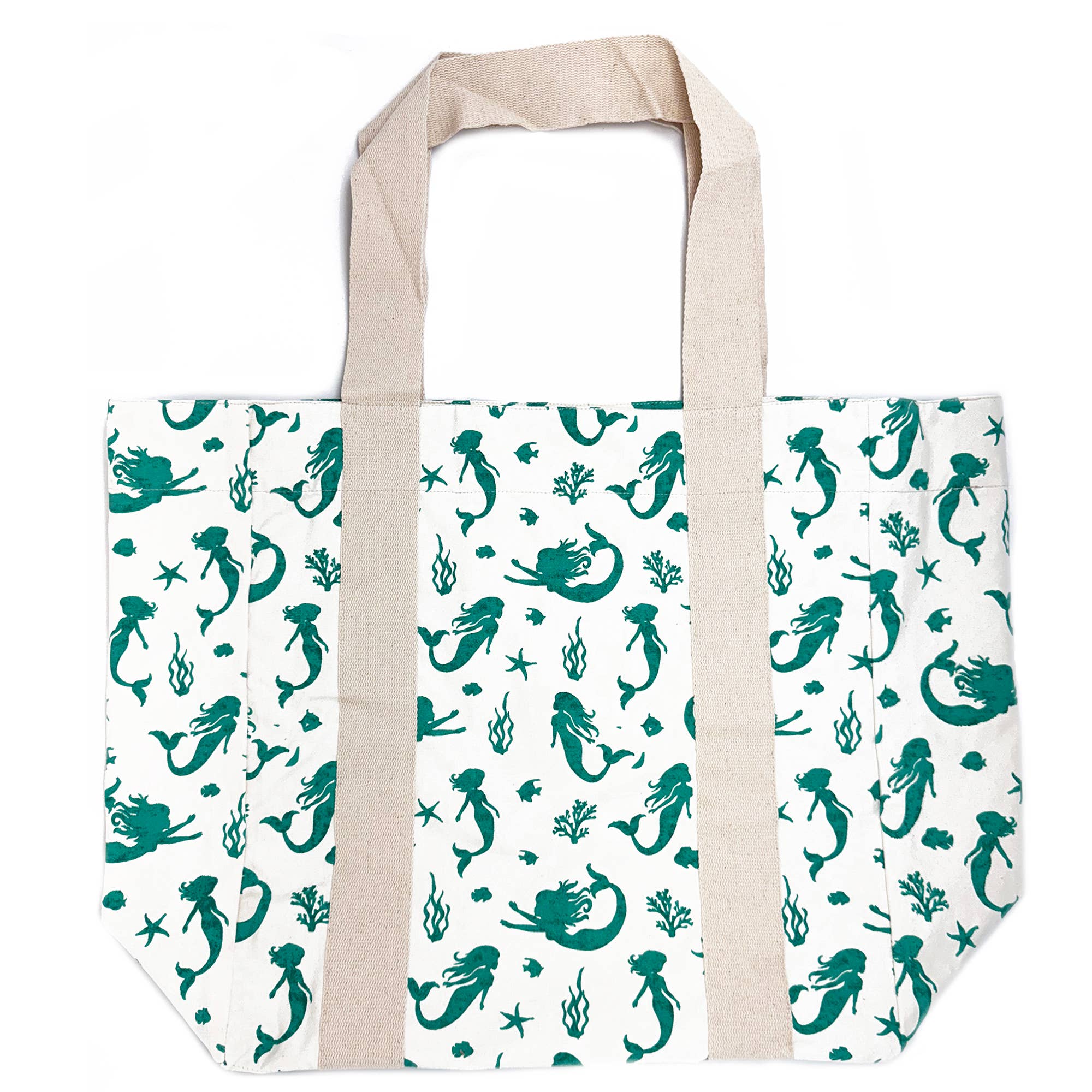 Block Printed Canvas Tote - Teal Mermaids
