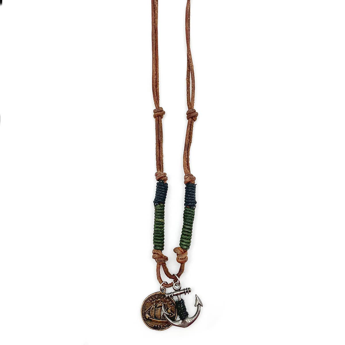 Aadi Leather Pull Tie Necklace with Ship Coin and Anchor