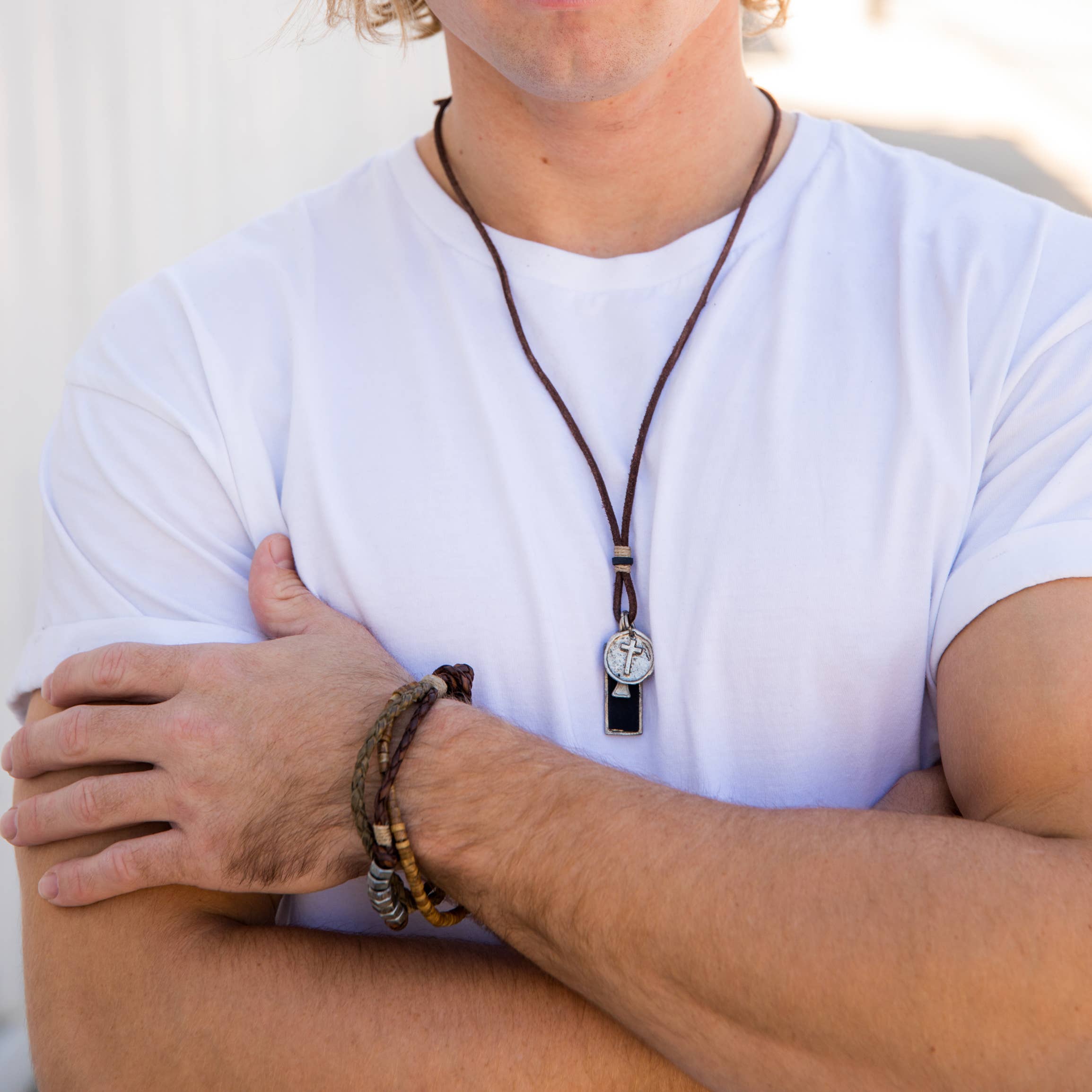 Aadi Ankh, Cross, & Leather Rectangle Charms Men's Necklace