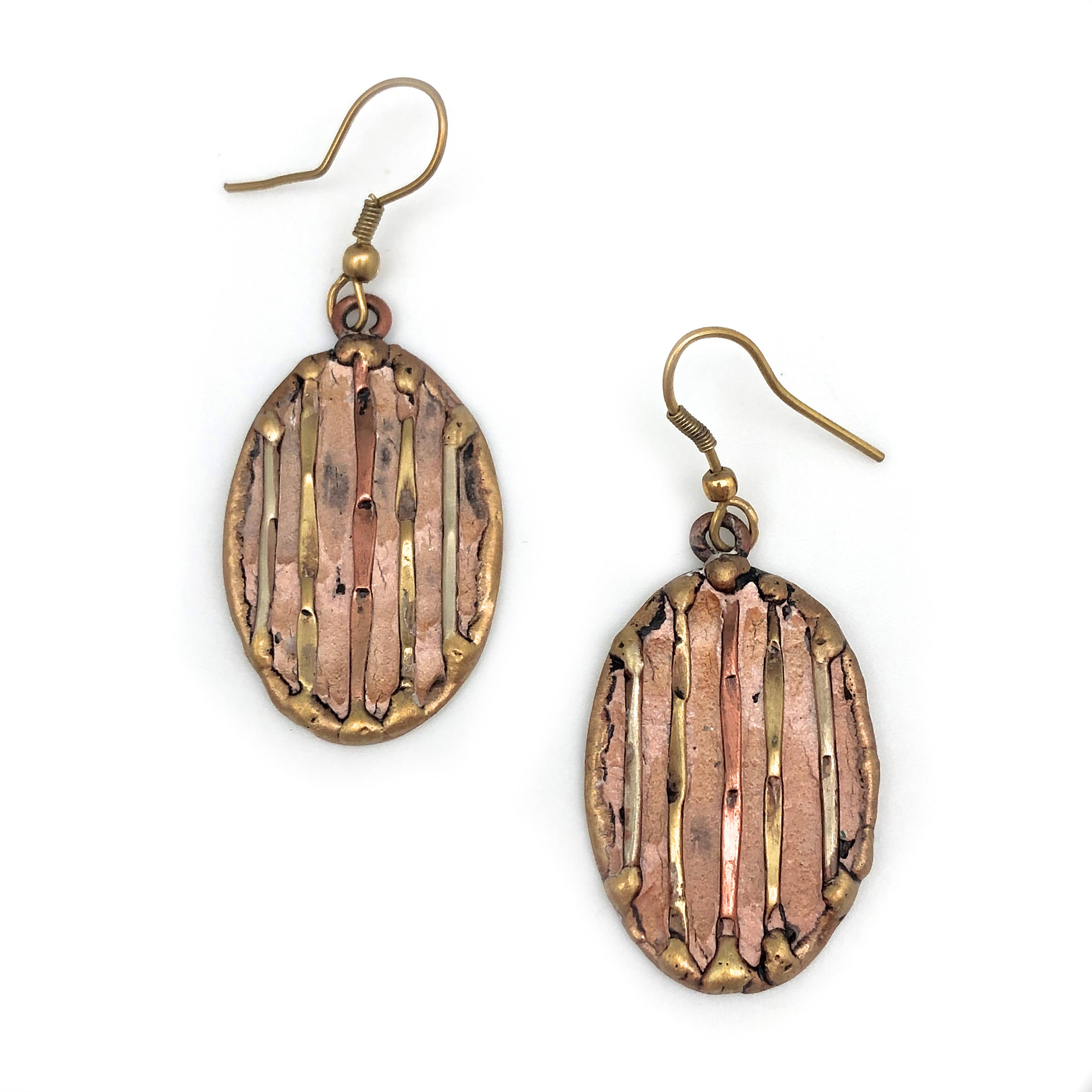 Brass Patina Earrings - Pink Horizontal Bands