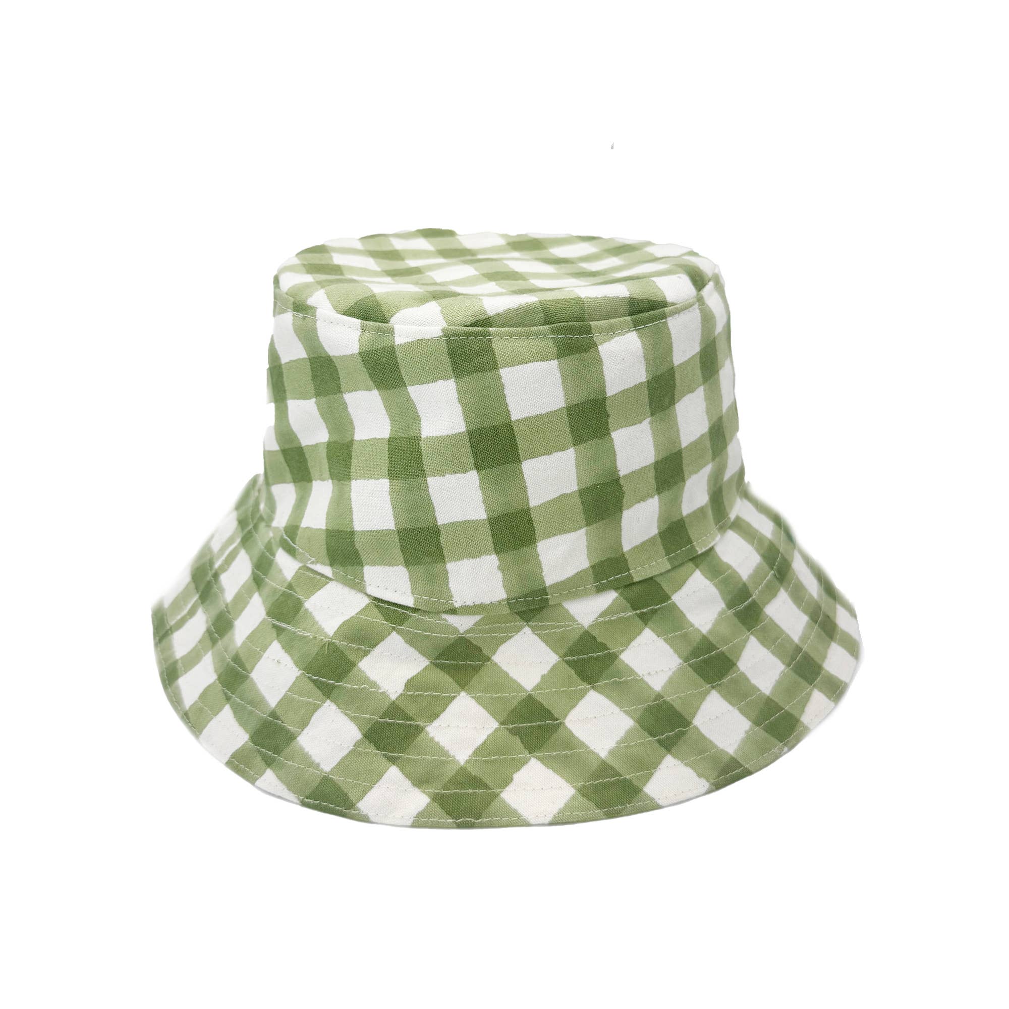 Block-Printed Canvas Green Gingham Bucket Hat