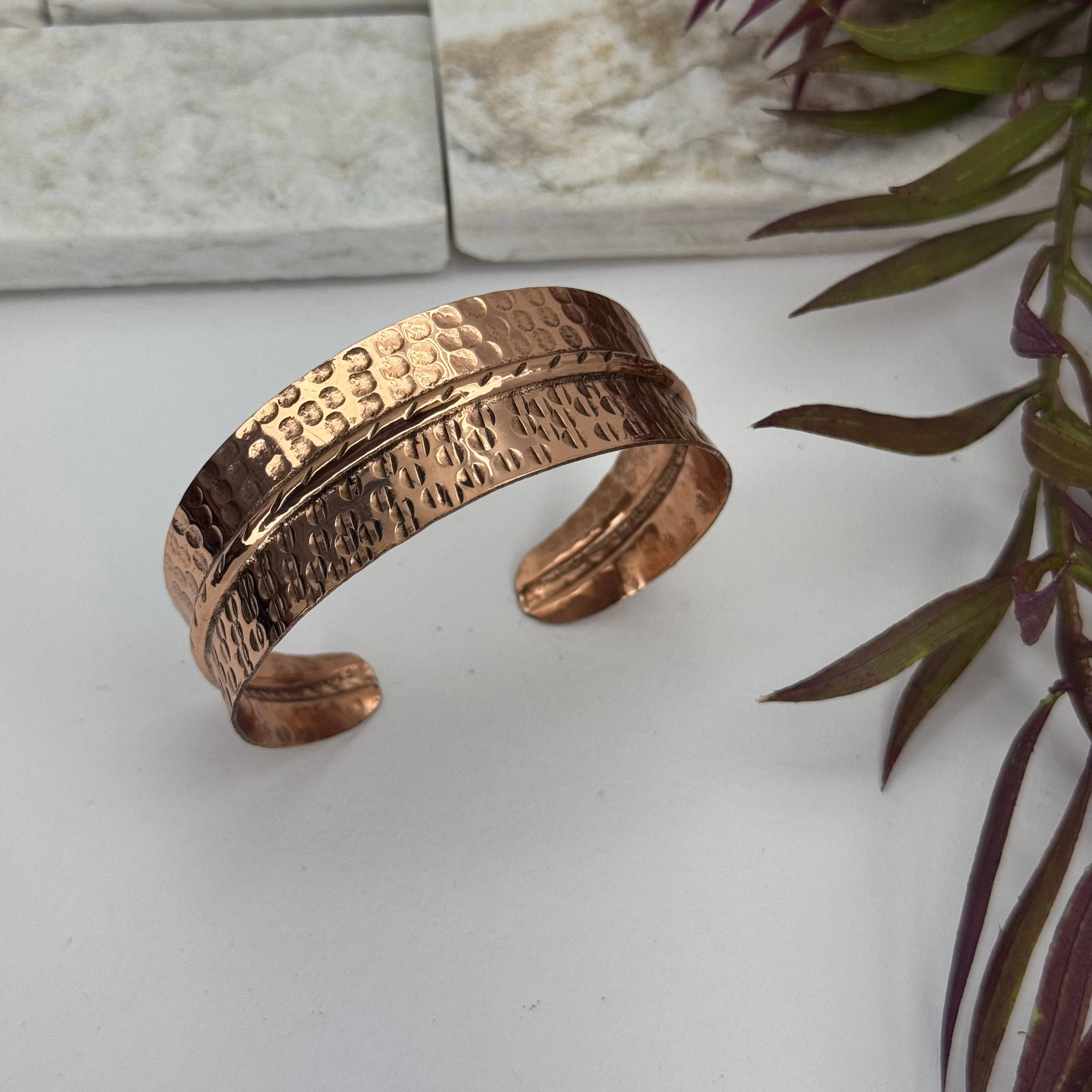 Handcrafted dual texture hammered and Crosshatch Copper cuff