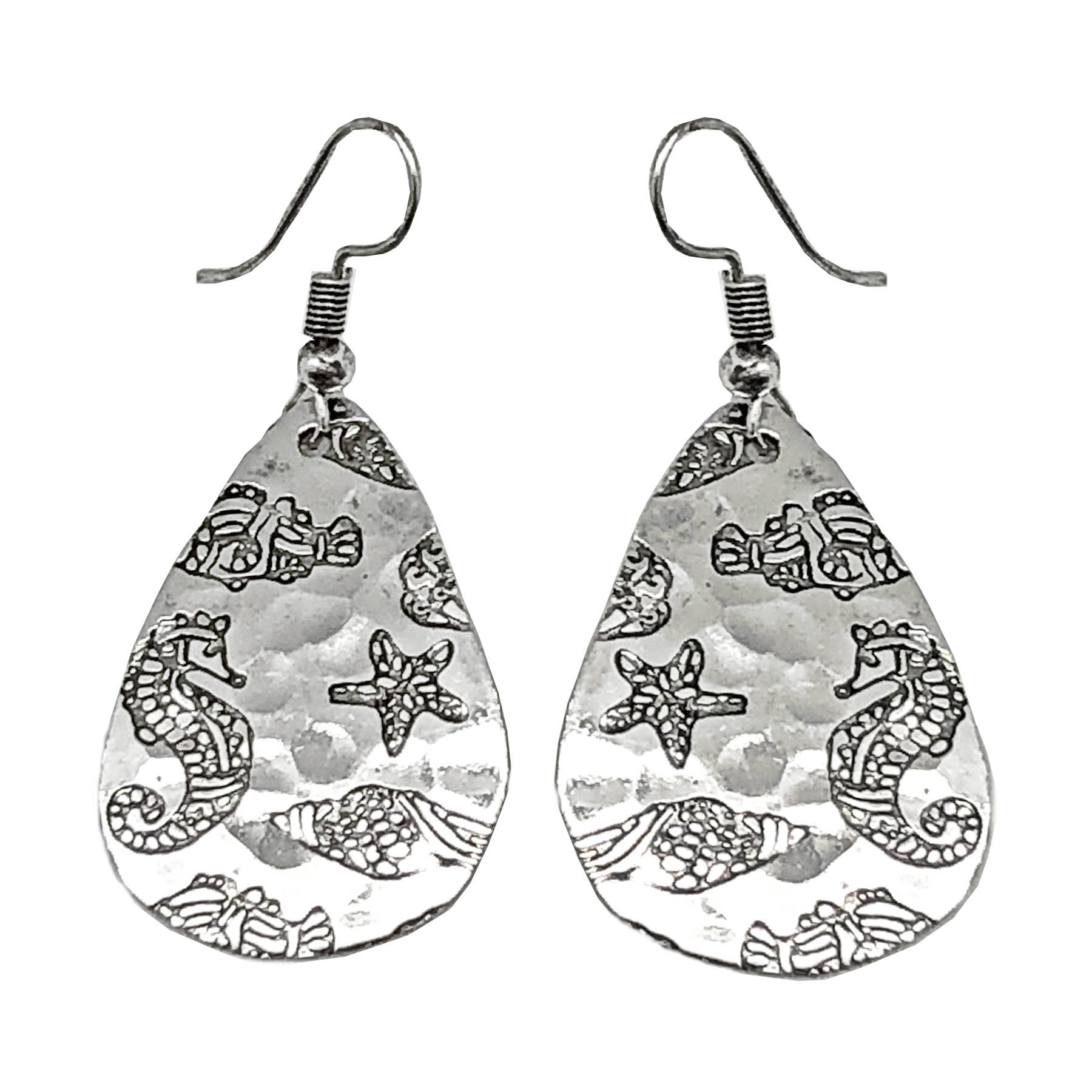 Seahorse and Seashells Silver Engraved Earrings