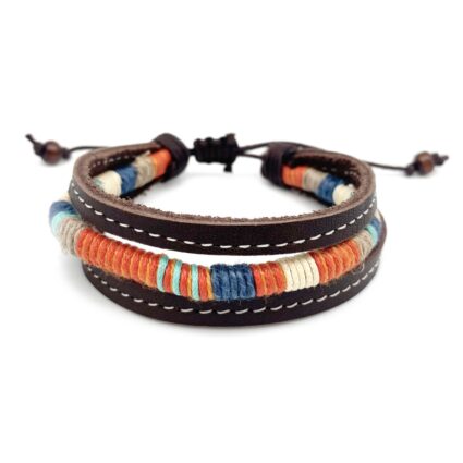 Aadi Brown Leather and Orange Twine Pull Tie Men's Bracelet