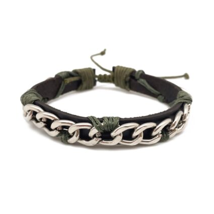 Aadi Silver Chain Brown Leather Pull Tie Men's Bracelet