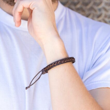 Aadi Brown Embroidery on Leather Pull Tie Men's Bracelet