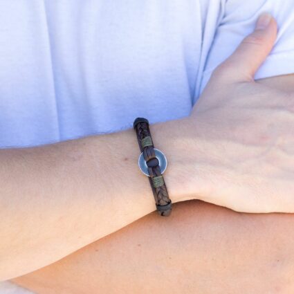 Aadi Pewter Ring Green Twine Brown Leather Men's Bracelet