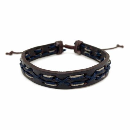 Aadi Navy and Tan on Brown Leather Pull Tie Men's Bracelet