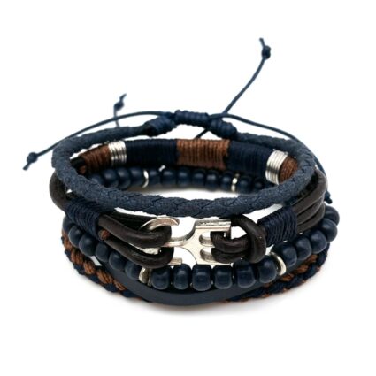 Aadi Navy Beads Leather Anchor Clasp Men's Bracelet Set