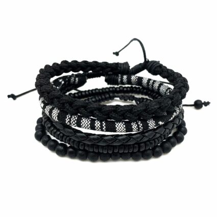 Aadi Black Woven and Leather with Beads Men's Bracelet Set