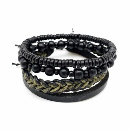Aadi Green and Black Leather Black Beads Men's Bracelet Set