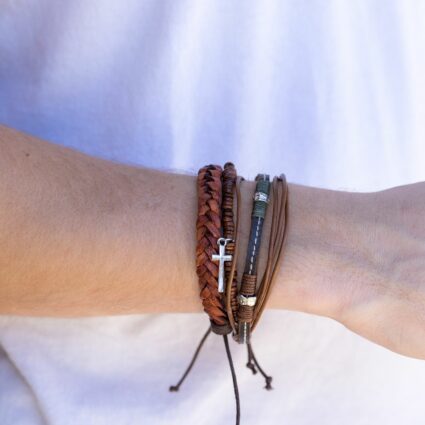 Aadi Brown Beads Mixed Leather Cross Men's Bracelet Set