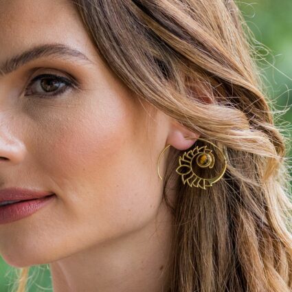 Tanvi Collection Earrings - Tigerseye Gold Lotus Open Hoop