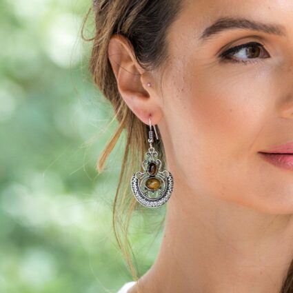 Tanvi Collection Earrings - Silver Chandelier with Tigerseye