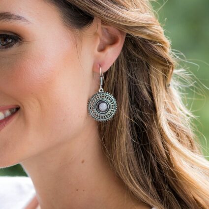 Tanvi Collection Earrings - Silver Circle with Moonstone