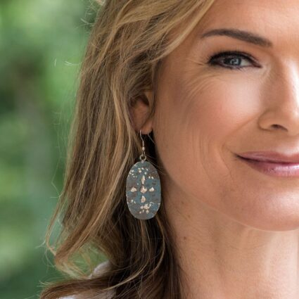 Silver Patina Earrings - Teal Cross Oval