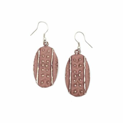 Silver Patina Earrings - Dusty Rose Dots and Lines Oval