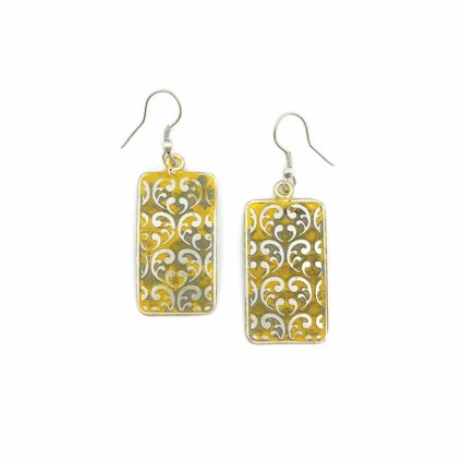 Silver Patina Earrings - Yellow Ornate Rectangle